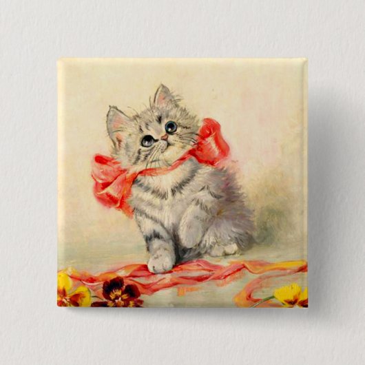 Kitten met een rood lint vierkante button 5,1 cm (Voorkant)