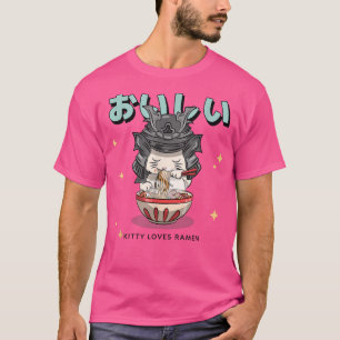 kitten met een samurai helm die ramen Japans eten T-shirt