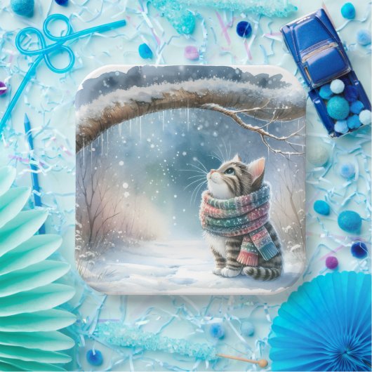 Kitten met een wintersjaal papieren bordje (Feest)