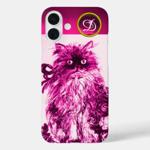 KITTEN MET FUCHSIA PINK ROSES Gemstone Monogram iPhone 16 Plus Hoesje