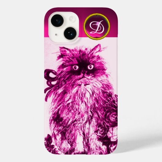KITTEN MET FUCHSIA PINK ROSES Gemstone Monogram Case-Mate iPhone Case (Achterkant)