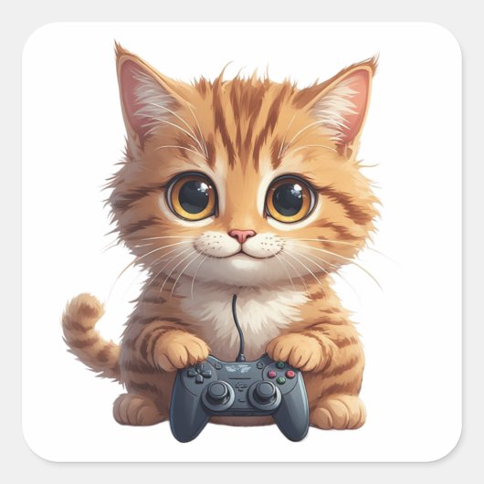 Kitten met gamecontroller Gamer Kat Vierkante Sticker (Voorkant)