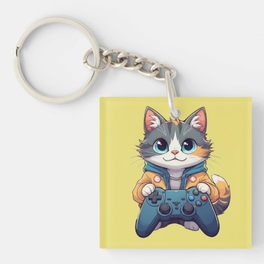 Kitten met gamecontroller lachende gamer kat sleutelhanger (voorkant)