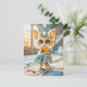 Kitten met grote ogen in blauwe rok en blouse feestdagenkaart (Staand voorkant)