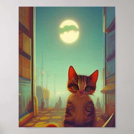 Kitten met grote ogen volle maan gekraakte schaduw poster (Voorkant)