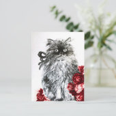 KITTEN MET RODE ROSEN, zwart en wit Briefkaart (Staand voorkant)