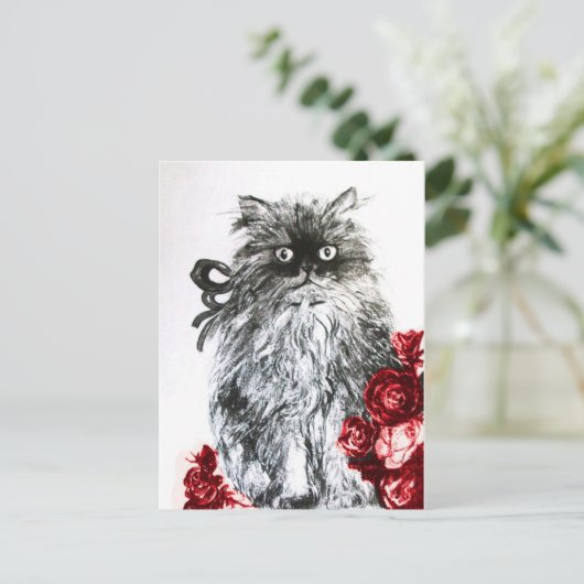 KITTEN MET RODE ROSEN, zwart en wit Briefkaart (Staand voorkant)
