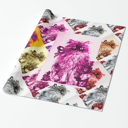 KITTEN MET RODE ROSES, roze, Fuchsia Cadeaupapier (Uitgerold)