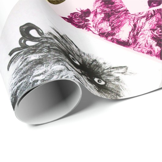 KITTEN MET RODE ROSES, roze, Fuchsia Cadeaupapier (Rol Hoek)