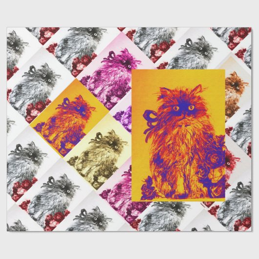 KITTEN MET RODE ROZEN, Oranje geel, blauw Cadeaupapier (Vlak)