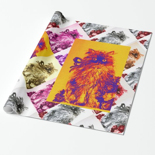 KITTEN MET RODE ROZEN, Oranje geel, blauw Cadeaupapier (Uitgerold)