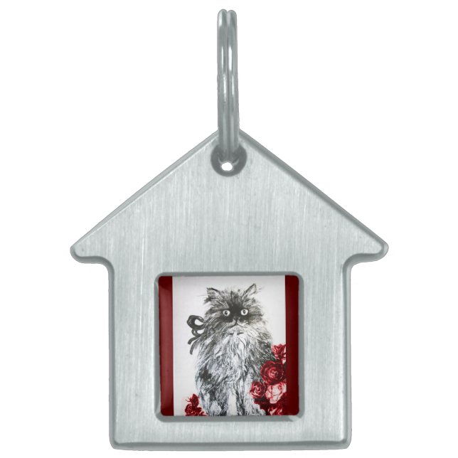 KITTEN MET RODE ROZEN ,Zwart en Wit Huisdieren Naamplaatje (Voorkant)