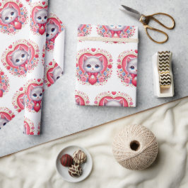 Kitten met rode strik met romantische bloemenharte cadeaupapier