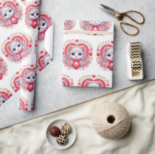 Kitten met rode strik met romantische bloemenharte cadeaupapier