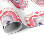 Kitten met rode strik met romantische bloemenharte cadeaupapier (Rol Hoek)