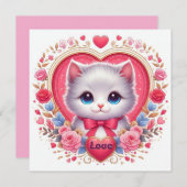 Kitten met rode strik met romantische bloemenharte kaart (Voorkant / Achterkant)