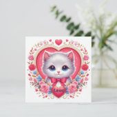 Kitten met rode strik met romantische bloemenharte kaart (Staand voorkant)