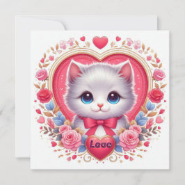Kitten met rode strik met romantische bloemenharte kaart