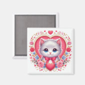 Kitten met rode strik met romantische bloemenharte magneet (Voorkant / Achterkant)