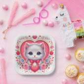 Kitten met rode strik met romantische bloemenharte papieren bordje (Feest)