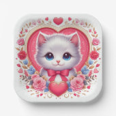 Kitten met rode strik met romantische bloemenharte papieren bordje (Voorkant)