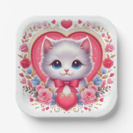 Kitten met rode strik met romantische bloemenharte papieren bordje