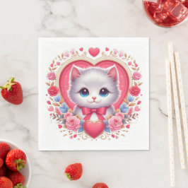 Kitten met rode strik met romantische bloemenharte servet