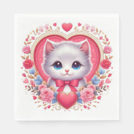 Kitten met rode strik met romantische bloemenharte servet