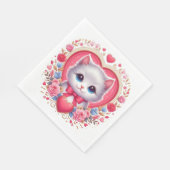 Kitten met rode strik met romantische bloemenharte servet (Hoek)