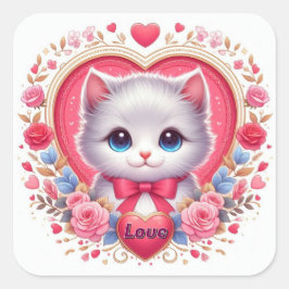 Kitten met rode strik met romantische bloemenharte vierkante sticker