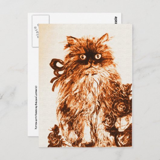 KITTEN MET ROZEN, bruin en wit Briefkaart (Voorkant / Achterkant)