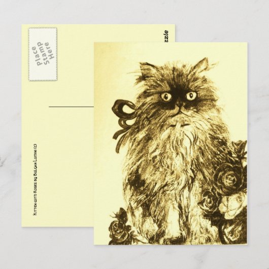 KITTEN MET ROZEN, bruin en wit geel Briefkaart (Voorkant / Achterkant)