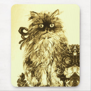 KITTEN MET ROZEN, bruin en wit Muismat