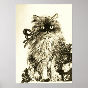 KITTEN MET ROZEN ,Bruin en Wit Poster