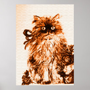 KITTEN MET ROZEN ,Bruin en Wit Poster