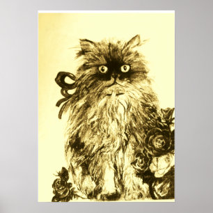 KITTEN MET ROZEN ,Bruin Geel en Wit Poster