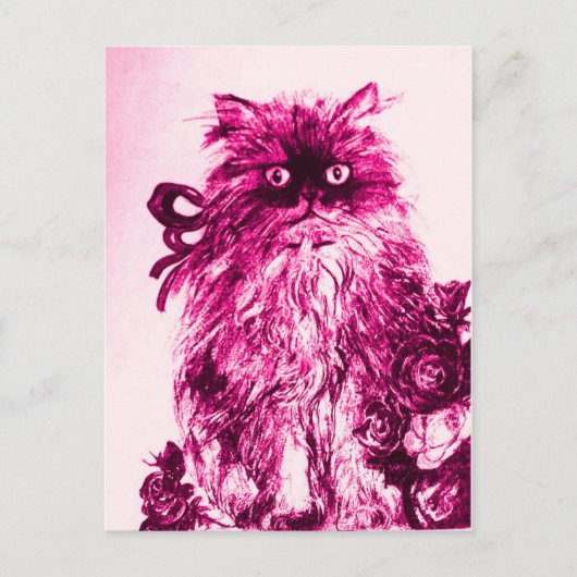 KITTEN MET ROZEN, Roze Fuchsia White Briefkaart (Voorkant)