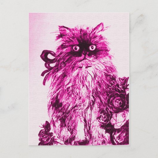 KITTEN MET ROZEN, Roze Fuchsia White Briefkaart (Voorkant)