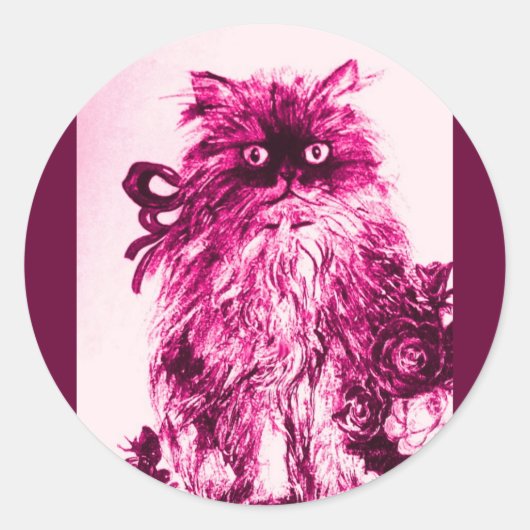 KITTEN MET ROZEN, Roze Fuchsia White Ronde Sticker (Voorkant)