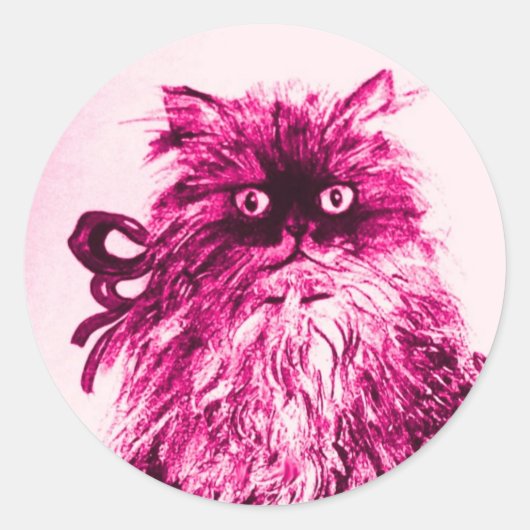 KITTEN MET ROZEN, Roze Fuchsia White Ronde Sticker (Voorkant)