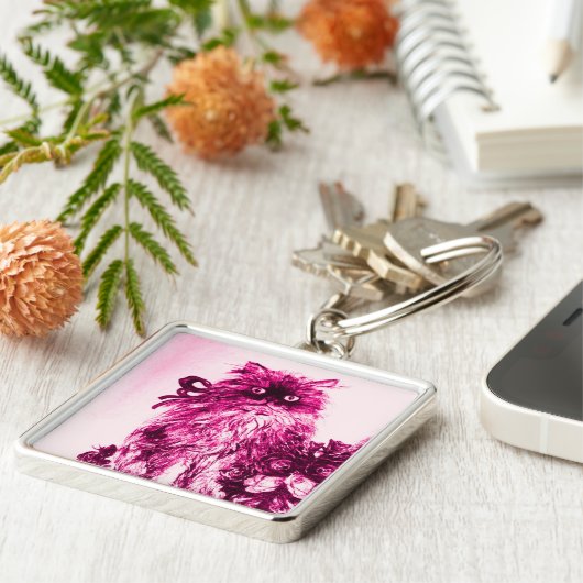 KITTEN MET ROZEN, Roze Fuchsia White Sleutelhanger (Zijkant)