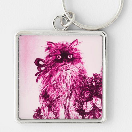 KITTEN MET ROZEN, Roze Fuchsia White Sleutelhanger (Voorkant)