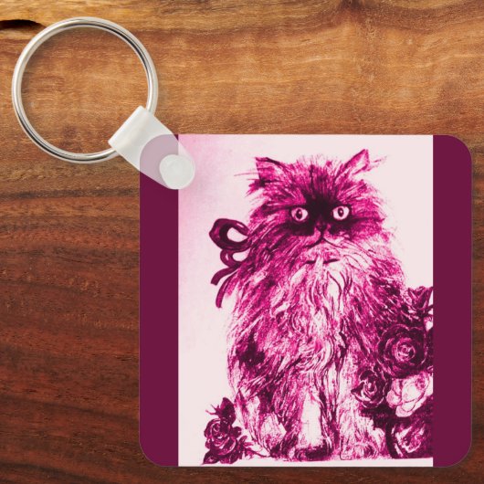 KITTEN MET ROZEN, Roze Fuchsia White Sleutelhanger (Voorkant)