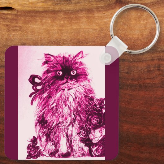 KITTEN MET ROZEN, Roze Fuchsia White Sleutelhanger (Achterkant)