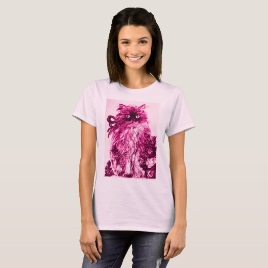 KITTEN MET ROZEN, Roze Fuchsia White T-Shirt (Voorkant volledig)