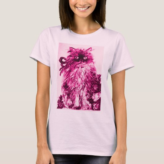KITTEN MET ROZEN, Roze Fuchsia White T-Shirt (Voorkant)