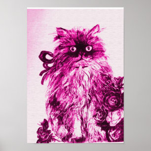 KITTEN MET ROZEN ,Roze Fuchsia Wit Poster