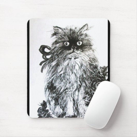 KITTEN MET ROZEN, zwart en wit Muismat (Met muis)