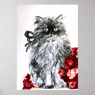 KITTEN MET ROZEN ,Zwart Rood en Wit Poster