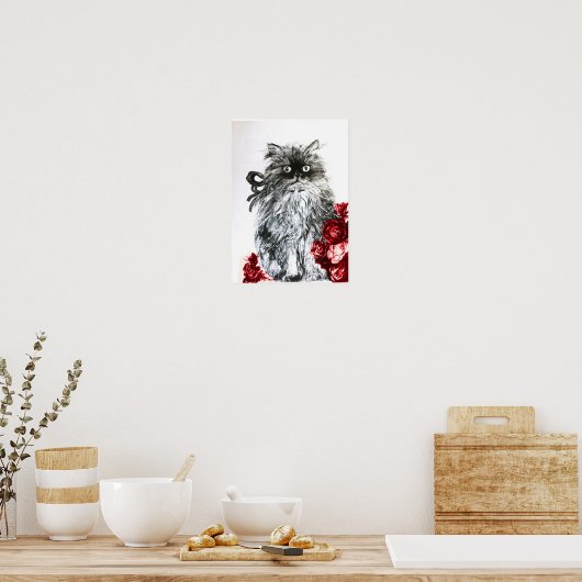 KITTEN MET ROZEN, zwart rood en wit Poster (Keuken)